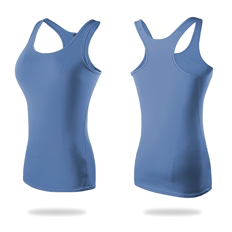 Elastic women's tank top for gym in blue, breathable and fitted for optimal comfort and freedom during workouts, front and back view.